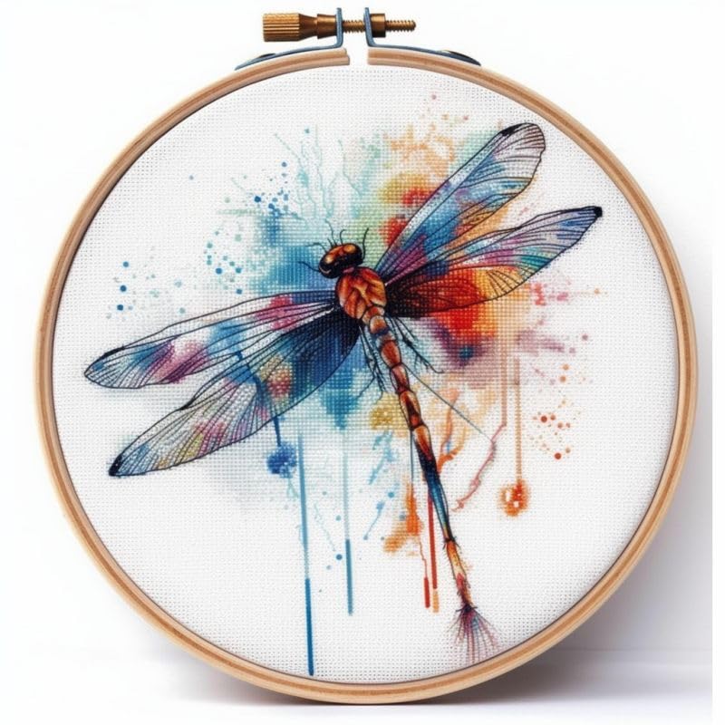 Image of Generic Counted Easy Cross Stitch Kits Watercolor Dragonfly Color Stamped Embroidery for Starter Kits DIY 11CT Stamped Patterns Embroidery Needlework Kit Supplies 12 Inch Hoop Included(183-P)