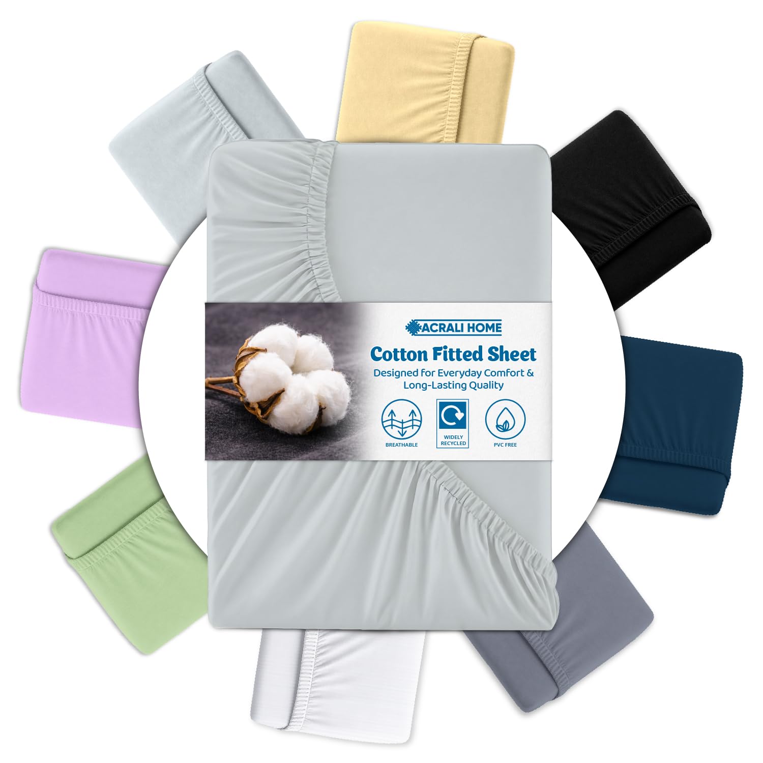 Acrali Home Silver Egyptian Cotton Double Fitted Sheet 137x190 cm - 200 Thread Count, Deep Pocket - Ultra Soft Hotel Quality, Breathable & Hypoallergenic Bottom Bed Sheet โ image 1