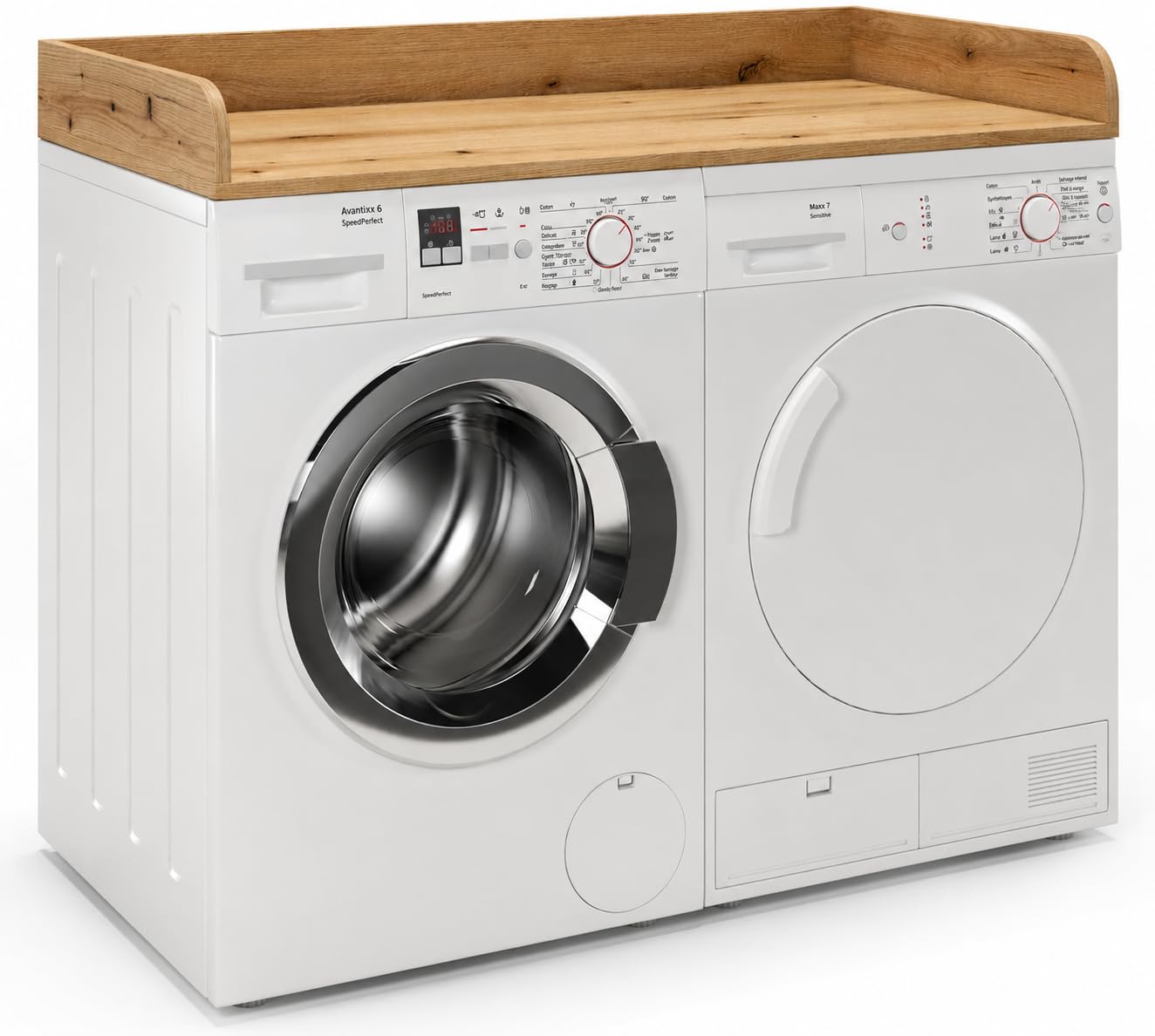 regalik Washing Machine and Dryer Countertop with Shelf, 12 x 120 x 60 cm Wooden Color Washer Dryer Worktop with Raised Edges, Laundry Room Storage Topper