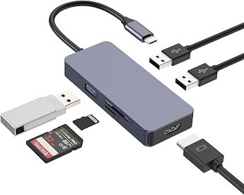 USB 3.0 HUB, USB C Adapter, OBERSTER 6 in 1 USB C Splitter Including 4K HDMI, USB 3.0, 2 USB 2.0, SD/TF Card Readers Ultra Slim Portable Data Hub Compatible with Notebook PC, macOS, Tablets