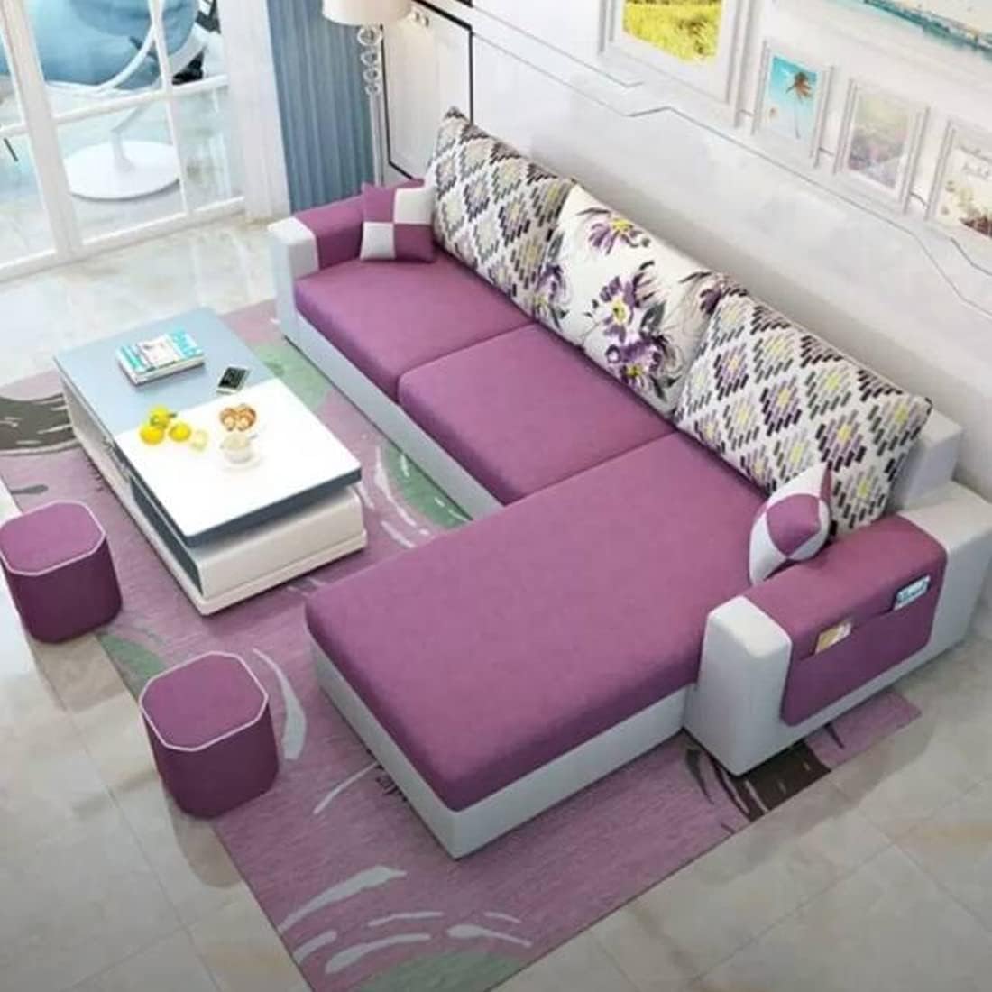 Sleepify Pinkway 4 Seater Fabric RHS L Shape Sofa Set -(Pink-Light Grey)