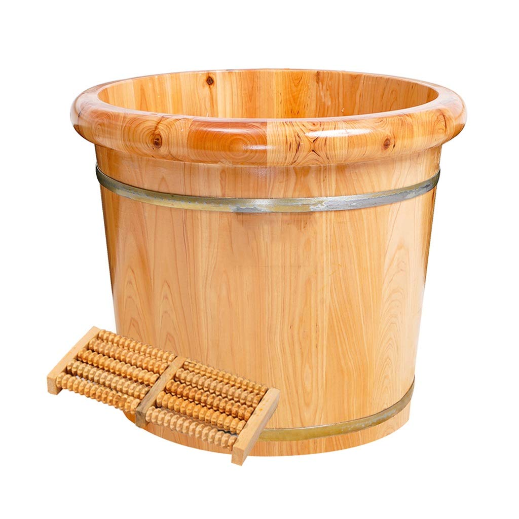 Fußbad-Spa-Fußbadewanne mit Deckel, Fußbad aus Holz, Fußfass, Massage-Pediküre-Spa-Becken zum Einweichen müder und schmerzender Füße, Fußbad-Eimer und Einweichschale, 30 cm,Beige+with Lid