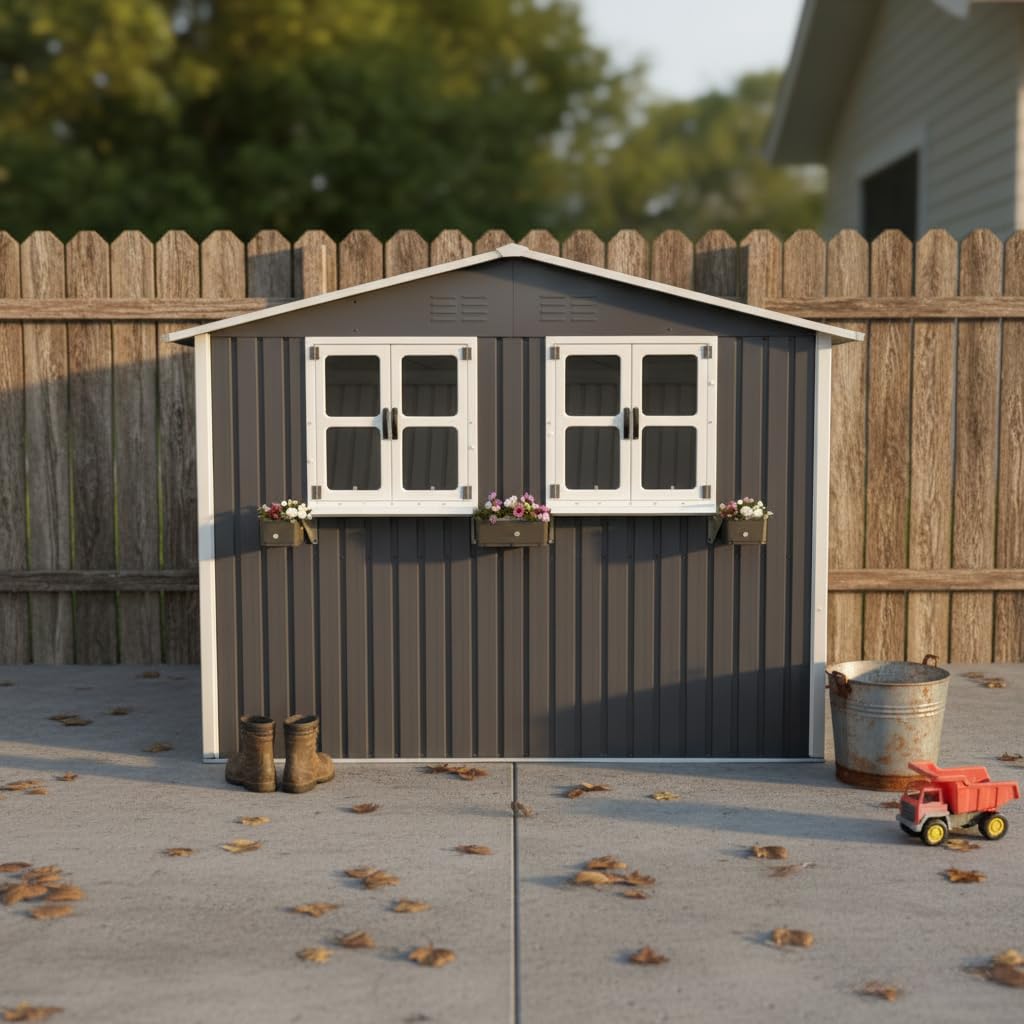 Casetta da giardino in acciaio zincato, 4,33 m², 276 x 182 x 198 cm, con 2 finestre, doppie porte chiudibili e scaffale per fiori, resistente alle intemperie, grigio (grigio, 1,8 x 2,7 m)