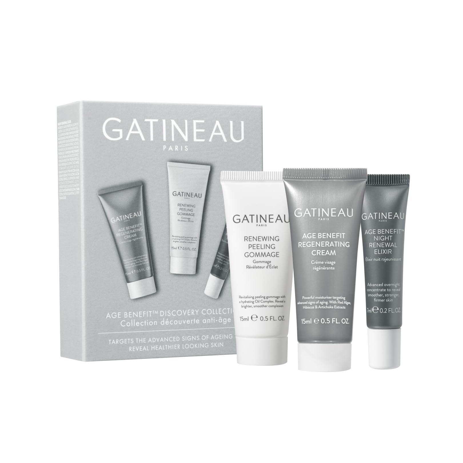 GatineauAge Benefit Discovery Collection - Face Cream, Peeling Exfoliator & Night Renewal Elixir, Travel or Trial Gift Set
