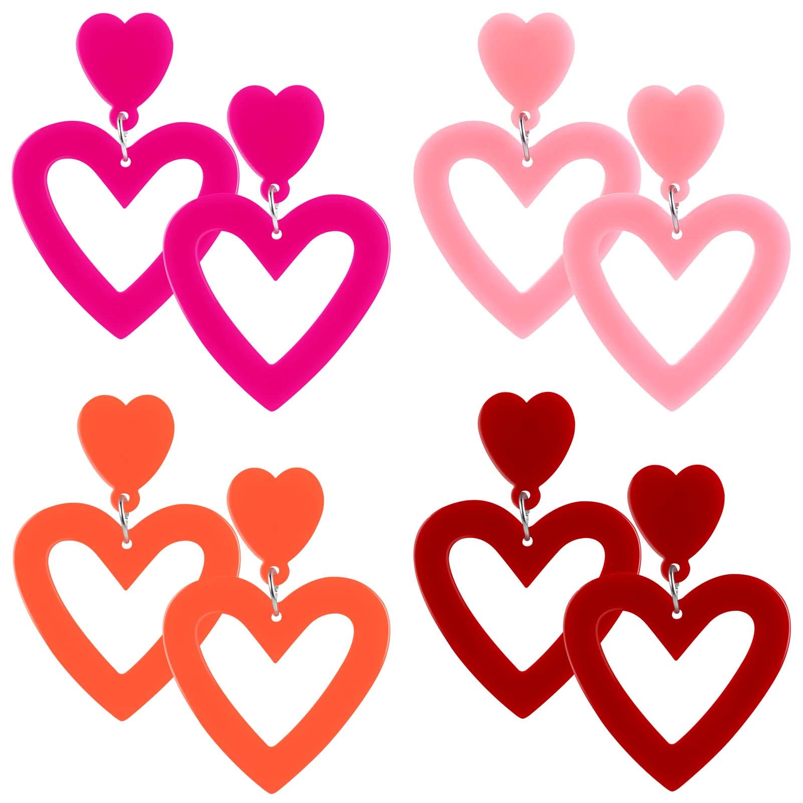 4Pairs Acrylic Neon 80s Earrings Women Retro Colorful Earrings Candy Color Lightweight Earrings for 80s Party Costume Accessory (Heart-shaped)