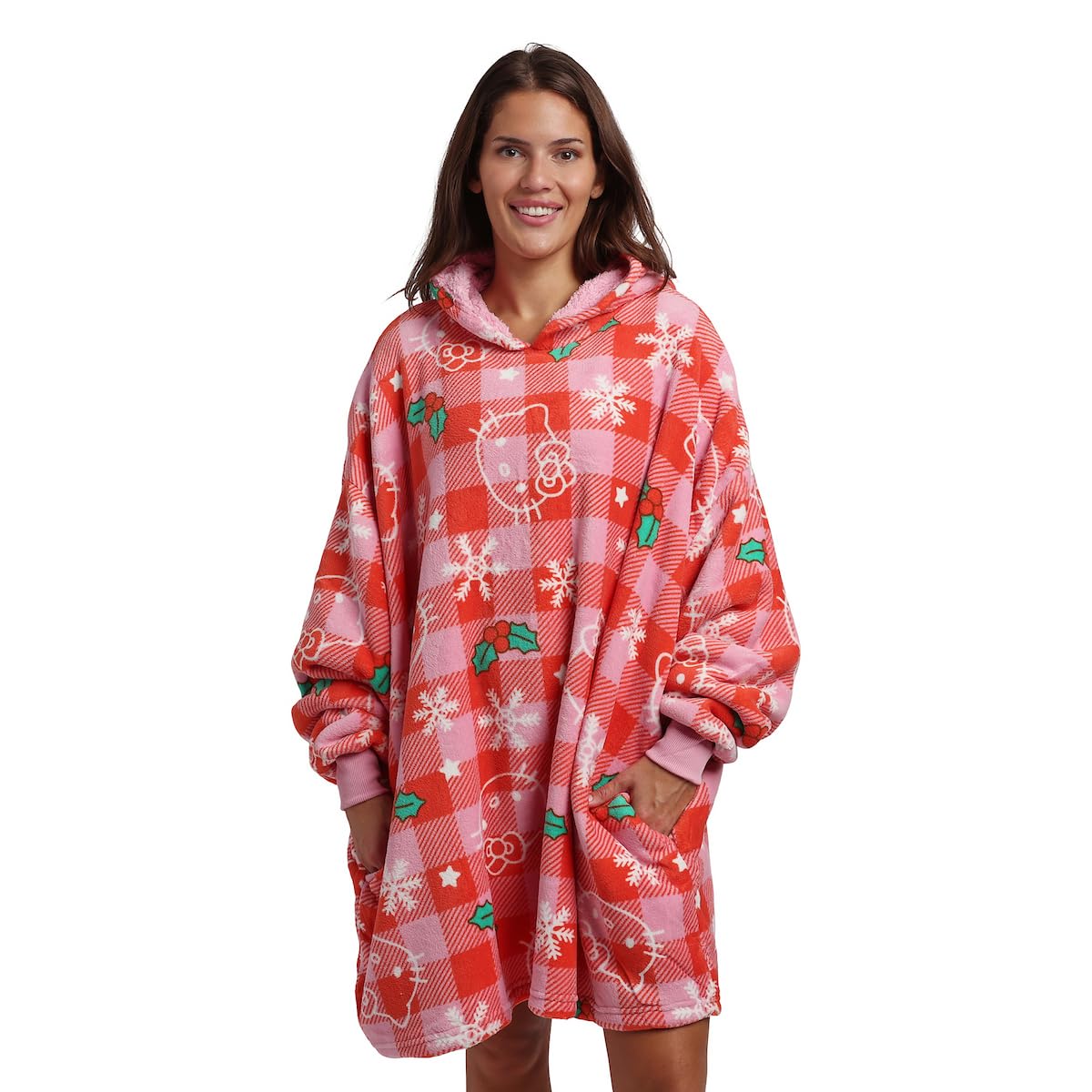 Pattern Red Hooded Wearable Oversize Blanket-OSFA: Hello Kitty Christmas Line Art