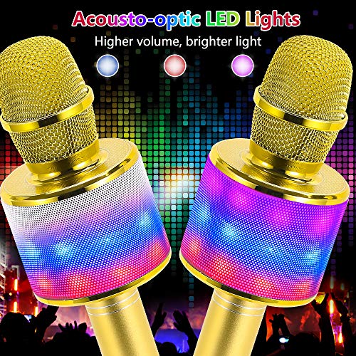 Image of Amazmic Kids Karaoke Microphone Machine Toy Bluetooth Microphone Portable Wireless Karaoke Machine Handheld with LED Lights, Gift for Children Adults Birthday Party, Home KTV(Gold)