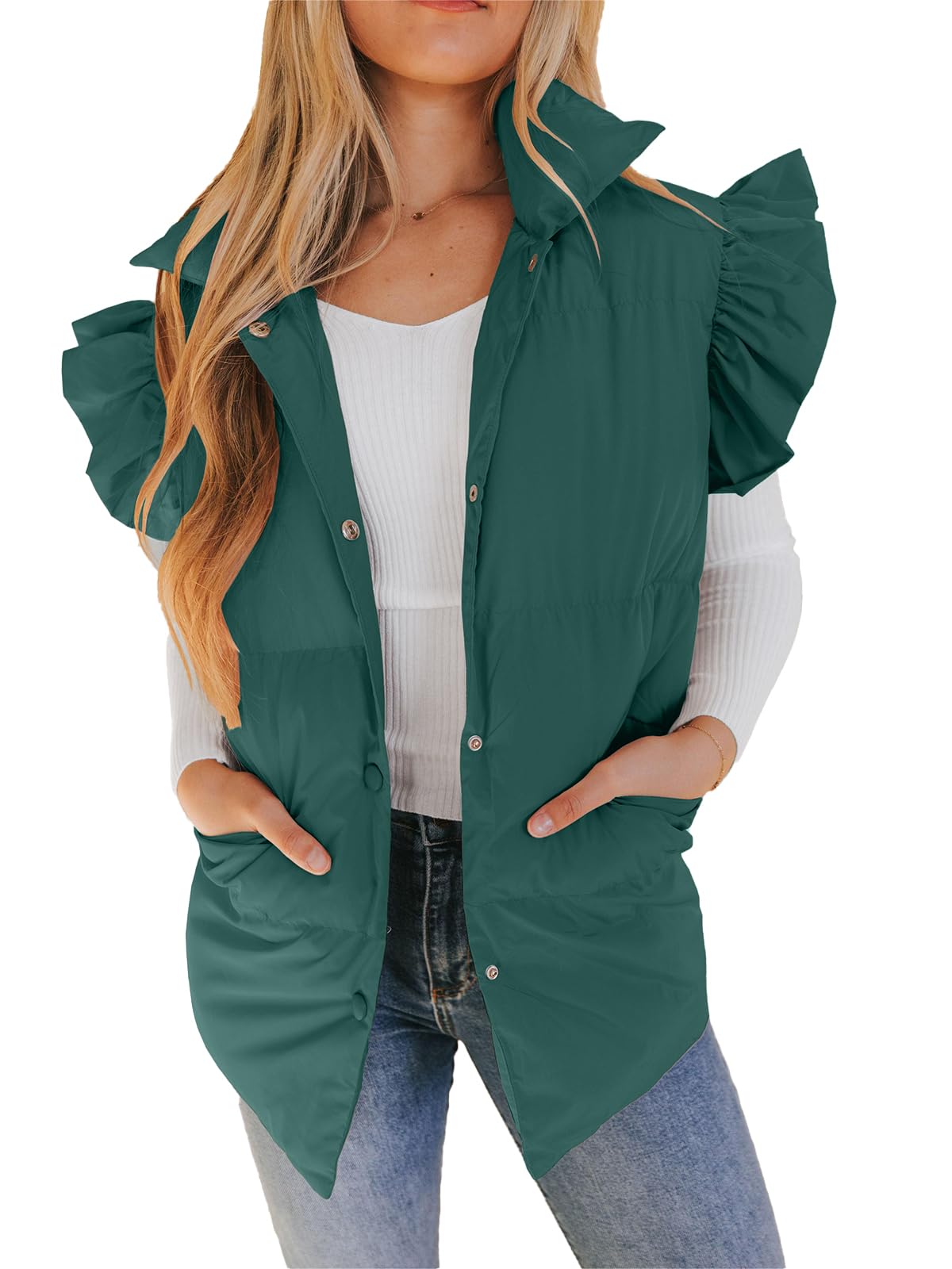 Valphsio Womens Puffer Vest Fall Winter Ruffle Sleeve Gilet Outerwear Coat