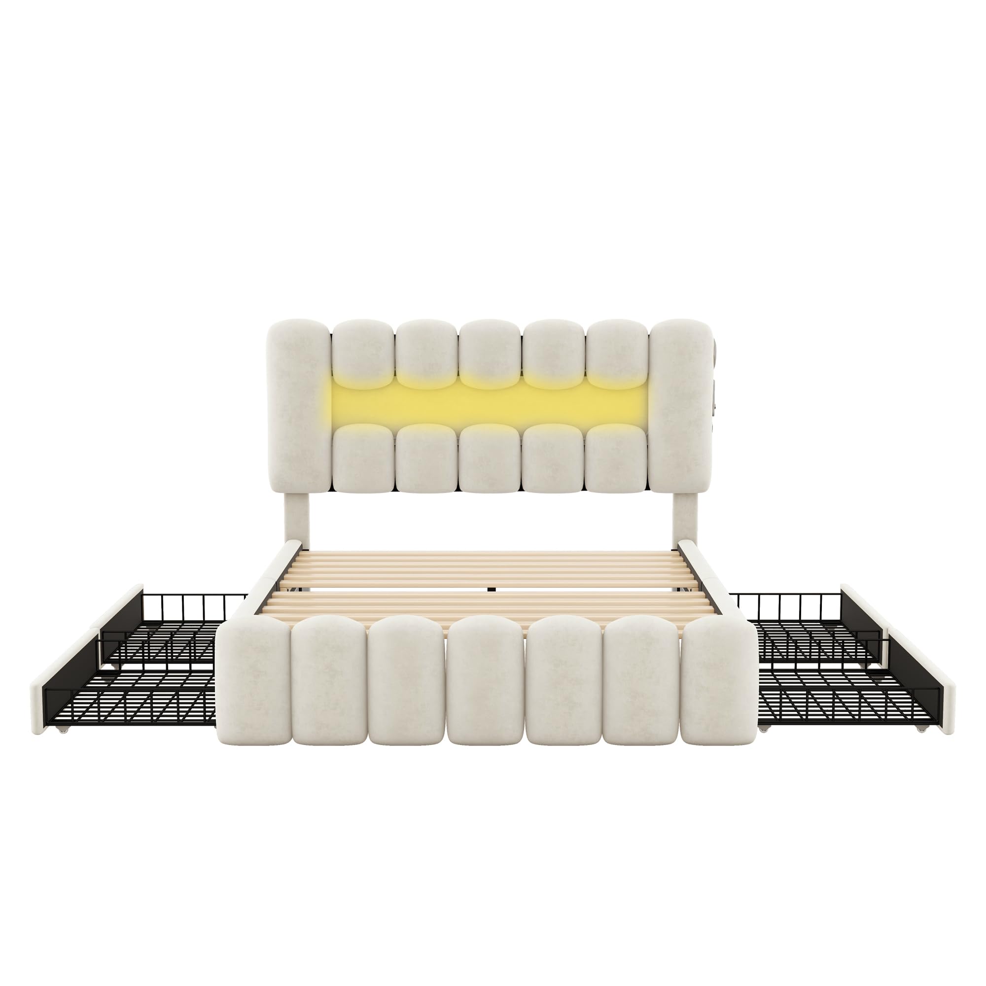 Lit Coffre 160x200 Avec LED Et USB, Lit Capitonné Avec 4 Tiroirs, Lit