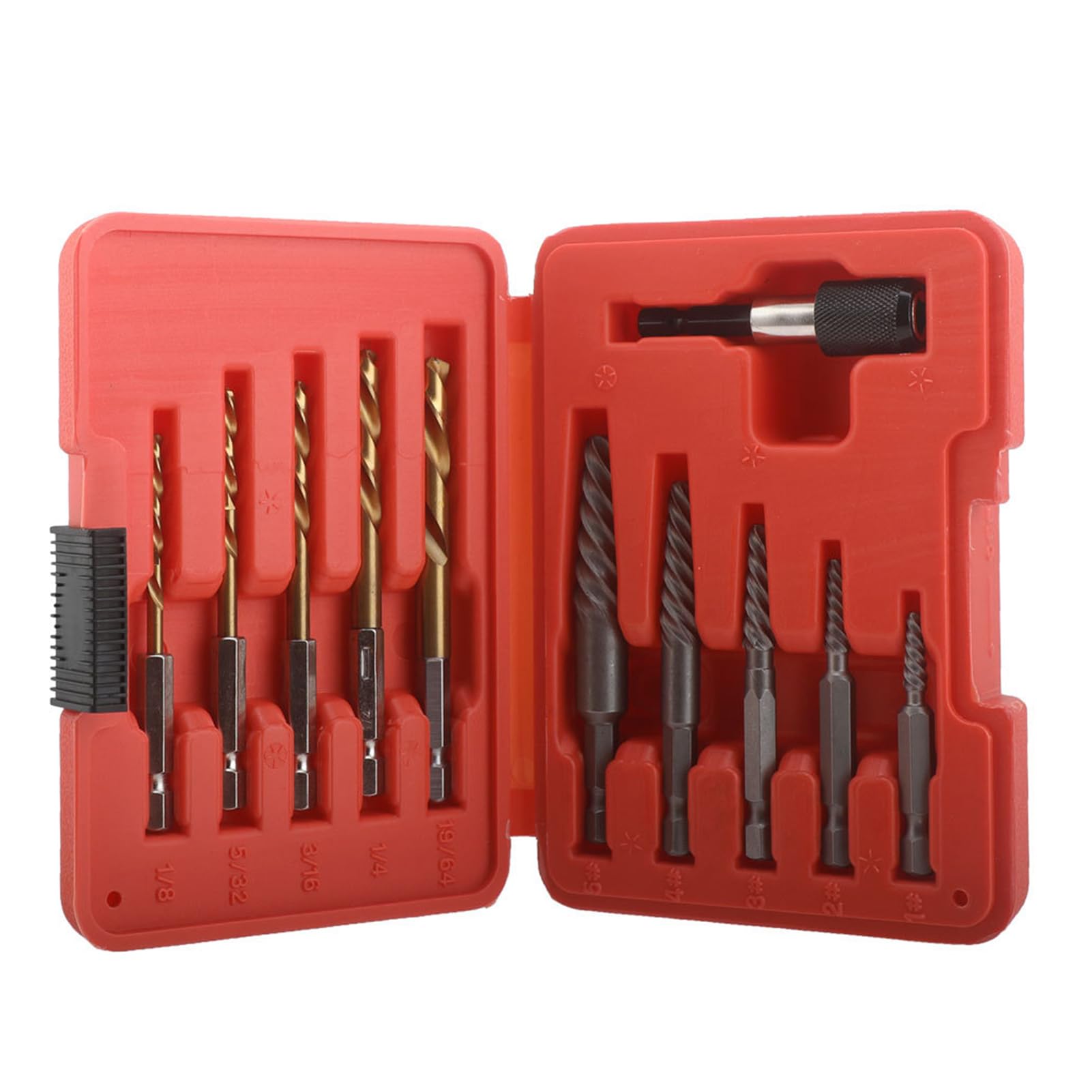 11Pcs Screw Extractor and Left Hand Drill Bits Set Included 5Pcs Screw Extractor, 5Pcs HSS Drill Bits and 1Pcs Adapter