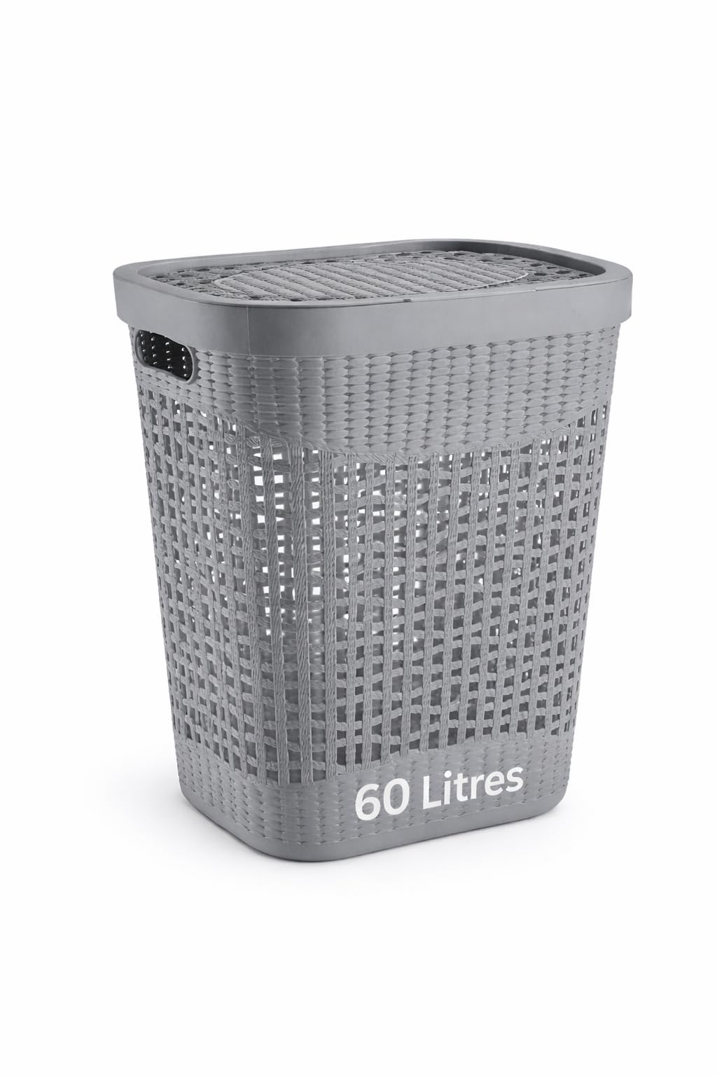 60 Litres Grey Plastic Woven Laundry Basket with Lid – Durable Clothes Hamper with Handles, Ventilated Design for Bedroom, Bathroom, and Closet