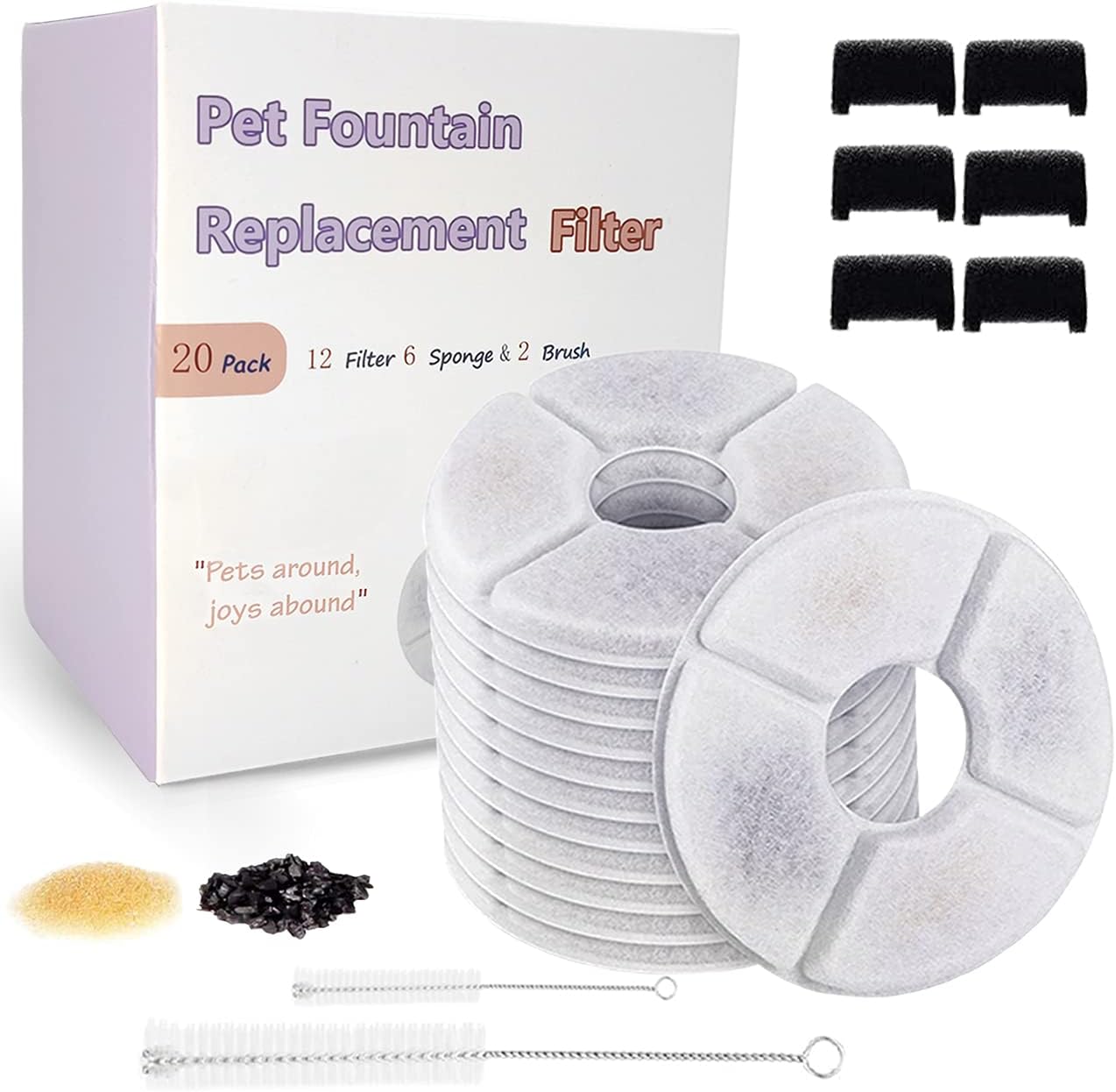 Cat Fountain Filter Replacement 20 PC for Wonder Creature, Comsmart and Identical Fountain 12 Filter 6 Sponge 2 Brush Included