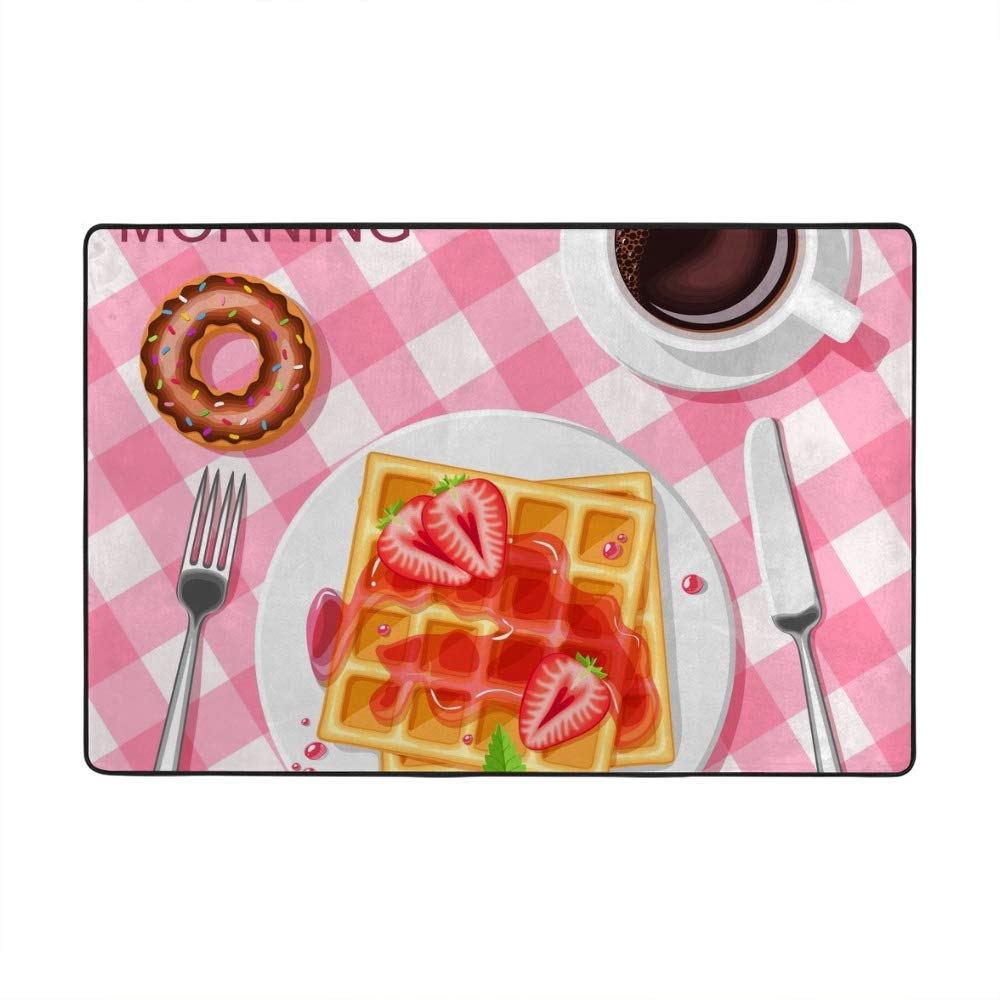 Tapis gaufres et fraises velours corail rose à carreaux 152x99 cm
