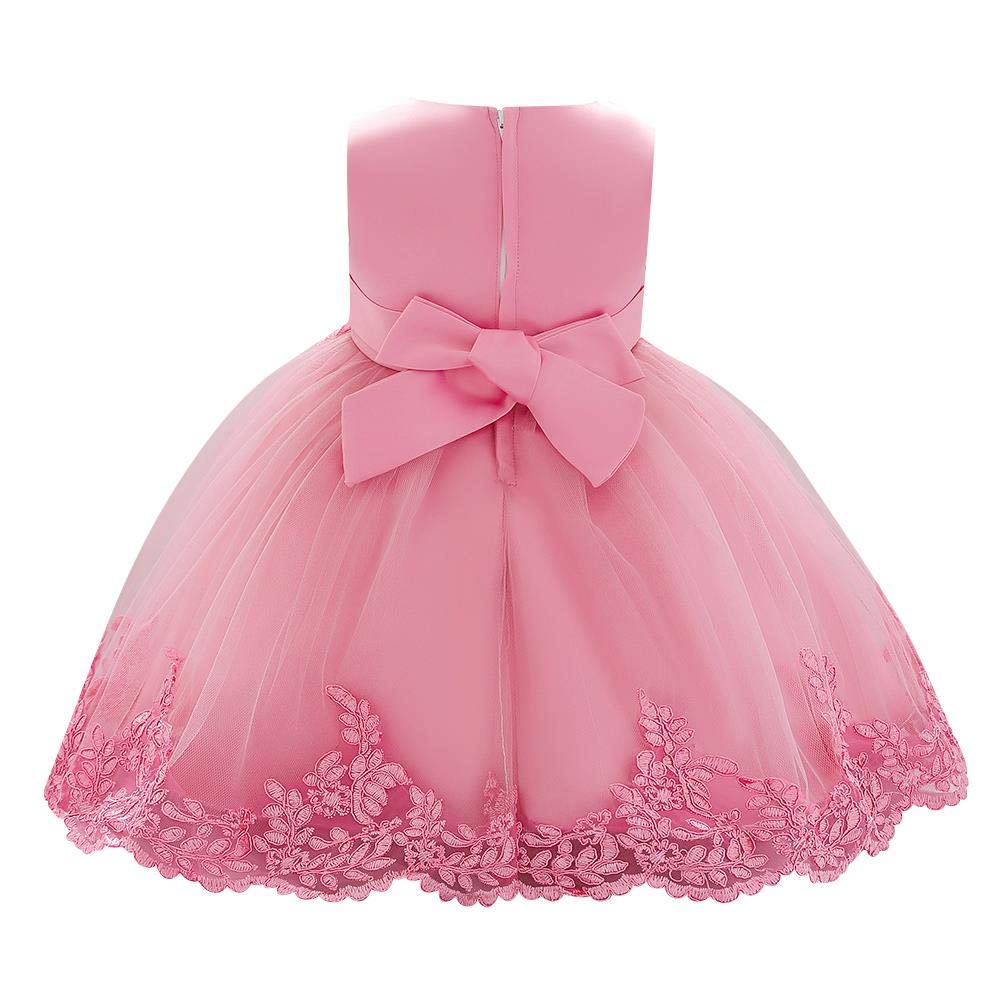 Infant Baby Girls Formal Princess Dress Embroidered Lace Applique Flower Beaded Christening Baptism Tulle Tutu Ball Gown Wedding Birthday Party Bridesmaid Pageant Prom Dress Bean Pink 12-18 Months