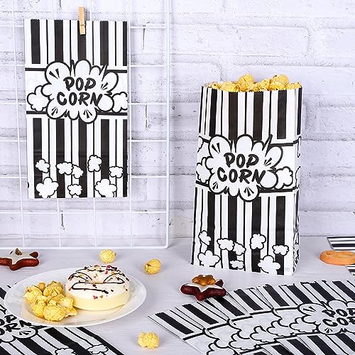 Image of Whaline 100Pcs Movie Night Paper Popcorn Bags 2Oz Black and White Stripe Flat Bottom Popcorn Container Grease Resistant Large Sleeve Popcorns Bucket Disposable for Retro Movie Themed Party Carnival
