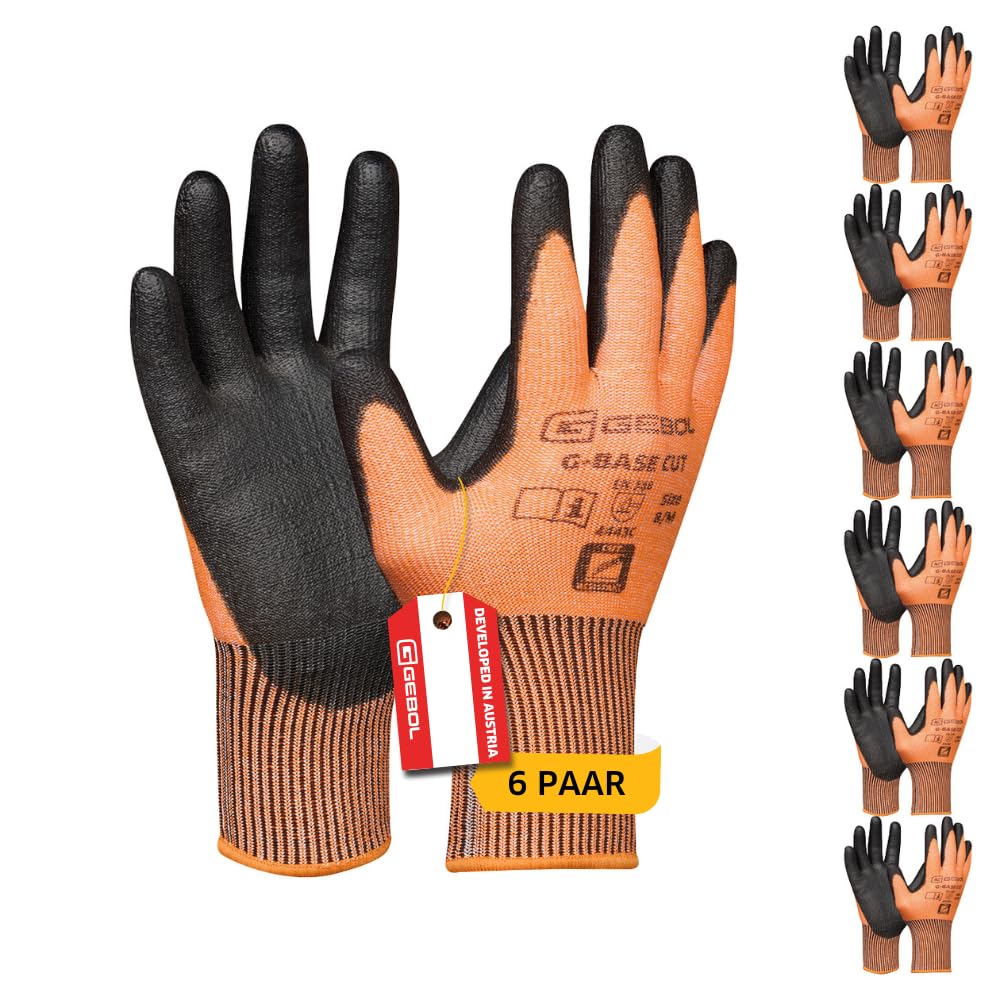 GEBOL G-Base Cut, 6 Paar Arbeitshandschuhe für Herren mit Schnittschutz Level C , PU-beschichtete Montagehandschuhe mit hoher Fingerfertigkeit & Griffigkeit, Gr. M/8