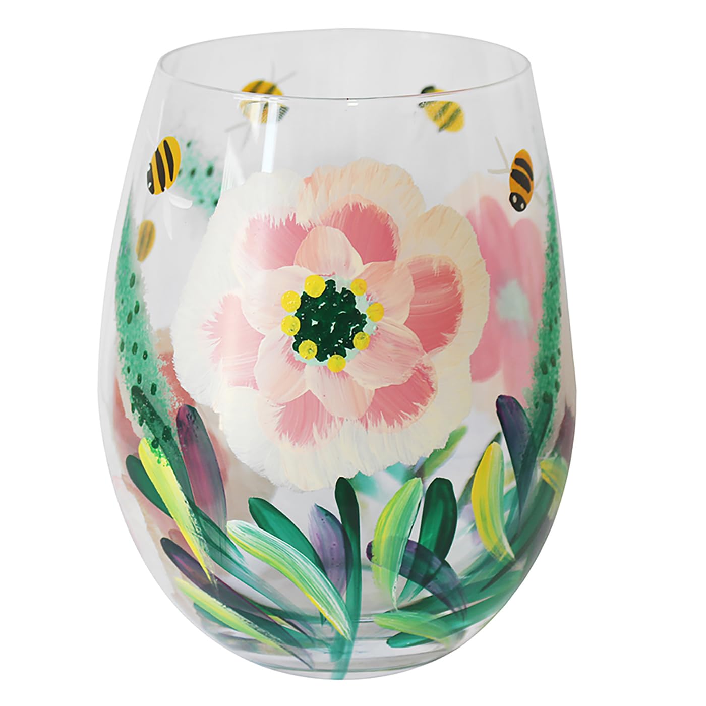 Lesser & Pavey Peonies & Bees Stemless Glass | Lovely Gift for Women & Men | Designed By Lynsey Johnstone | Luxury Wine Glass for Every Occasions