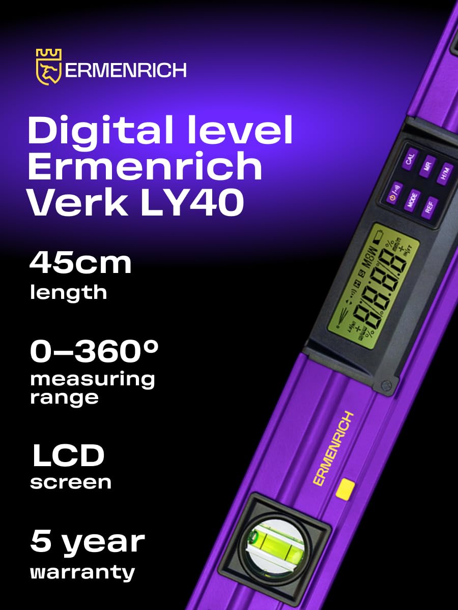 Verk LY40 Inclinometro Digitale 0–360° con Livella a Bolla | Orizzontale e Verticale Display LCD Indicatore Sonoro Pulsante Hold IP54 Impermeabile per Falegnameria, Casa e Fai da Te