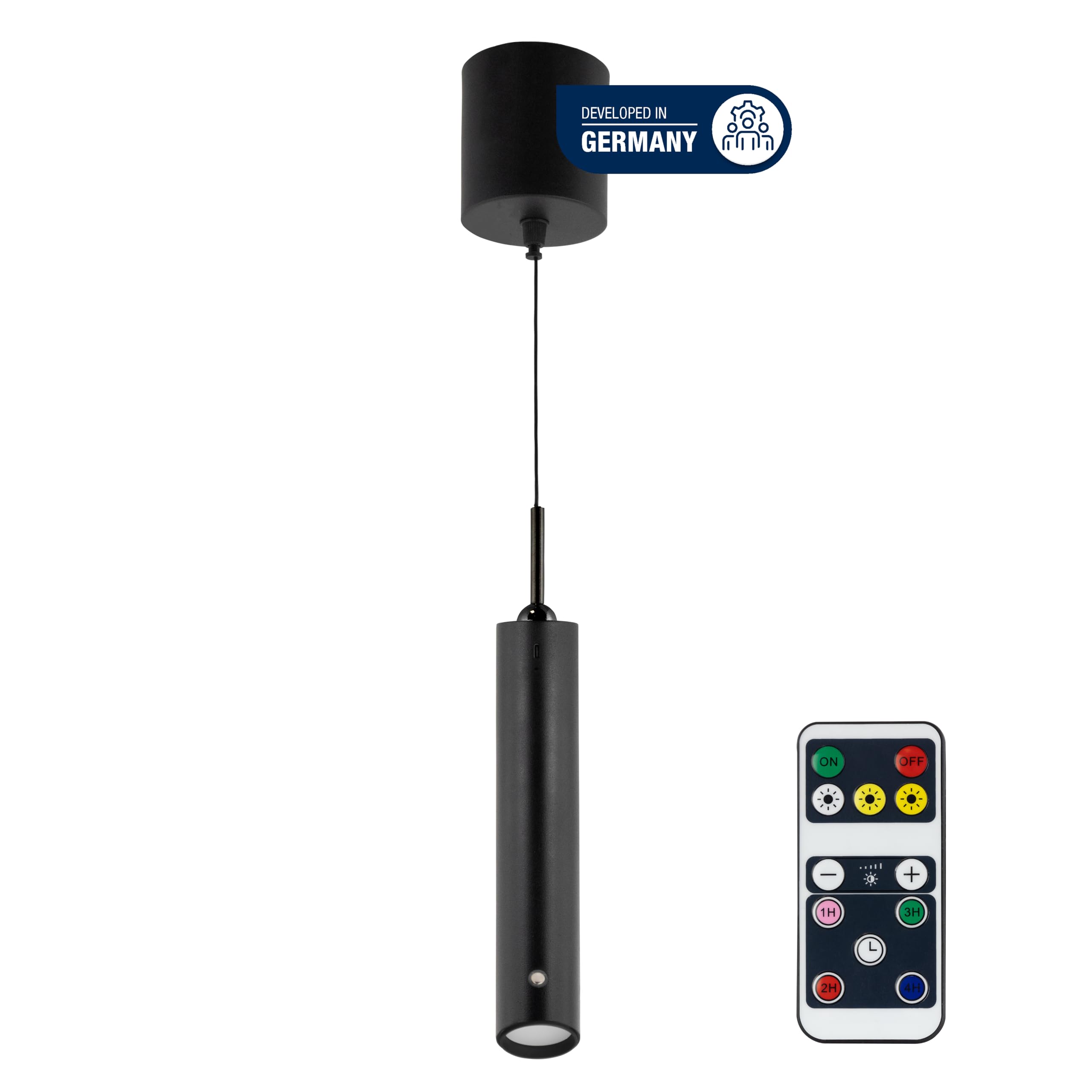 REV Pendelleuchte Akku - 130lm dimmbar 3 Farben, Timer 1-4H, höhenverstellbar durch ziehen (37-163cm) Hängeleuchte mit Fernbedienung, ideal als Hängelampe ohne Strom, schwarz