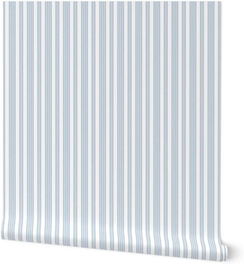 Peel & Stick Wallpaper Swatch - French White Stripe Pinstripe Blue Custom Removable Wallpaper by Spoonflower