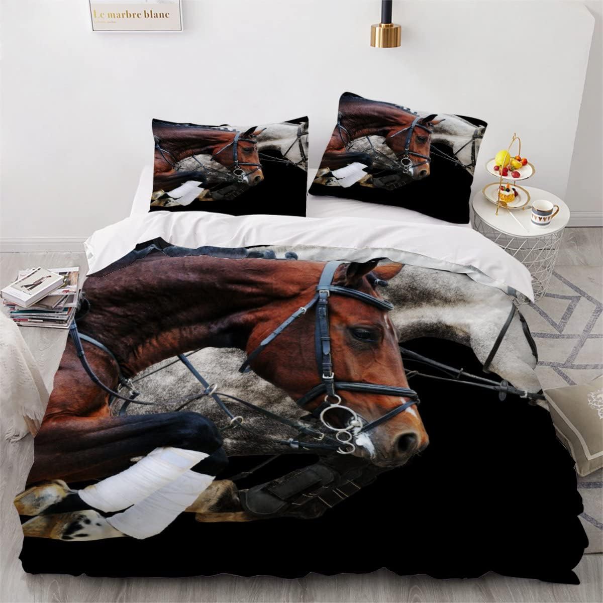 MEVASA Horse Bedding Double Bed Set Microfiber Teenager Bedding Animals Horses 3D Bedding Set for Small Double 3Pcs Anti Allergic Double Duvet Cover Set with Zipper /200x200