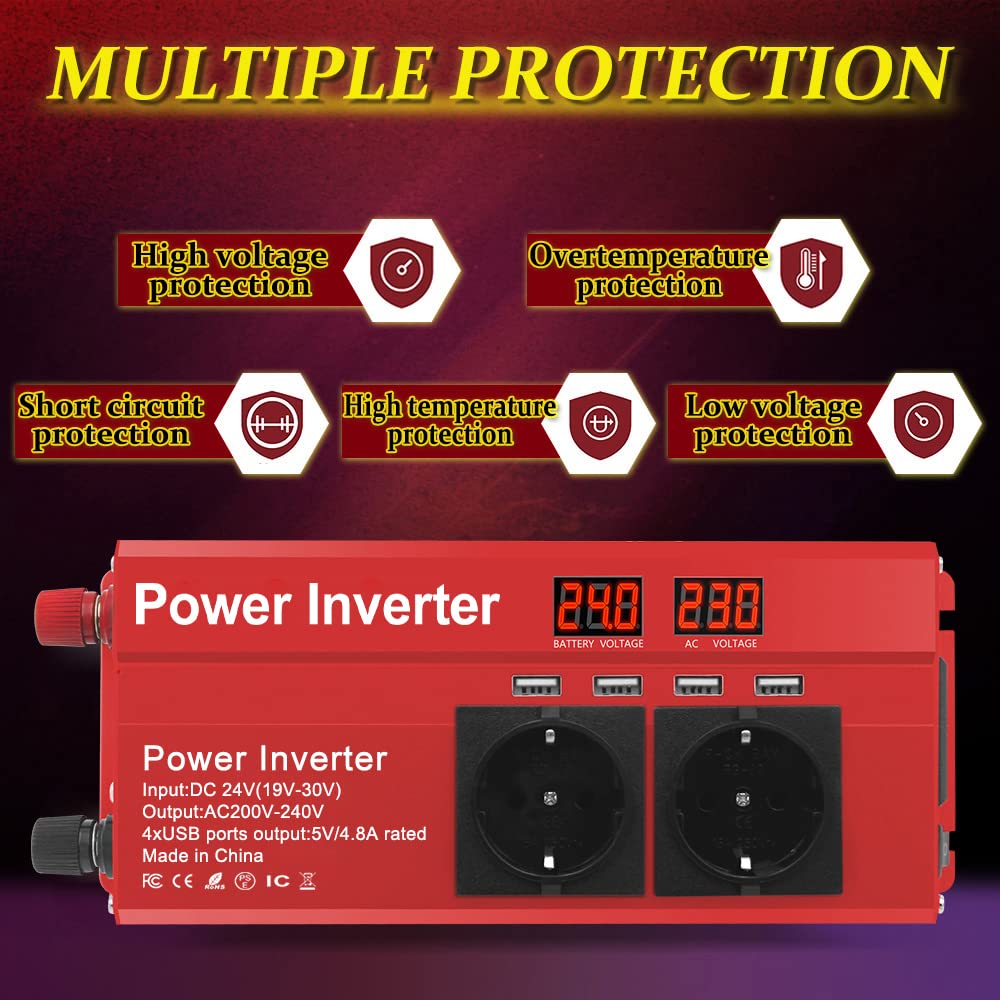 LVYUAN Wechselrichter 24V 230V 2000W Spannungswandler mit 3 Steckdose und 4 USB LED Spannungsanzeige