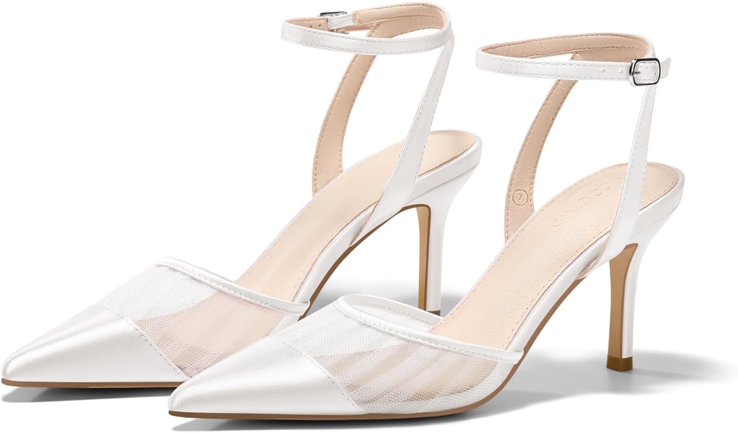 Coutgo Womens Closed Toe High Heels Mesh Satin Pointed Toe Dress Shoes Ankle Strap Pacthwork Wedding Pump Shoes