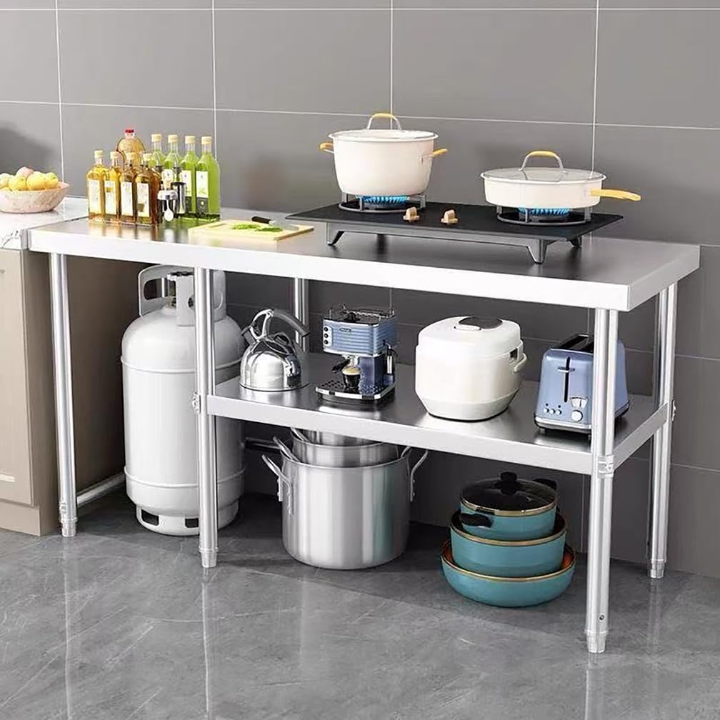 Zweistöckiges Regal Zum Teigkneten, Abstellen Von Gegenständen Mit Verstellbaren Outdoor Tisch Edelstahl-Arbeitstisch Den Hausgebrauch Pflanztisch Für Garage,Silber,L110*H80*W40