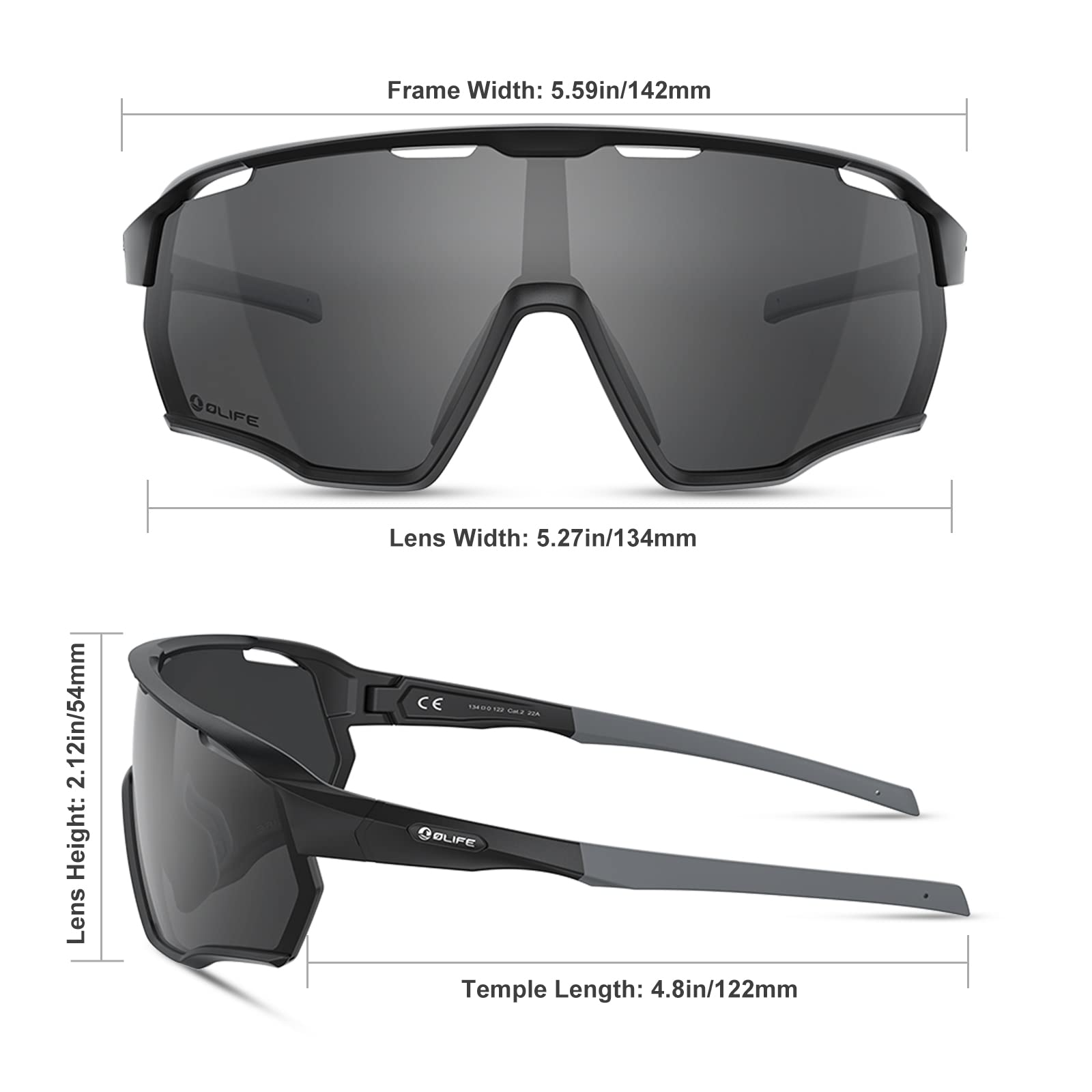 OLIFE Occhiali da Ciclismo Occhiali Sportivi Polarizzati TR90 Montatura per Uomo Donna Ciclismo MTB Occhiali da Sole per Guida/Pesca/Sci/Corsa (Nero, Grigio)