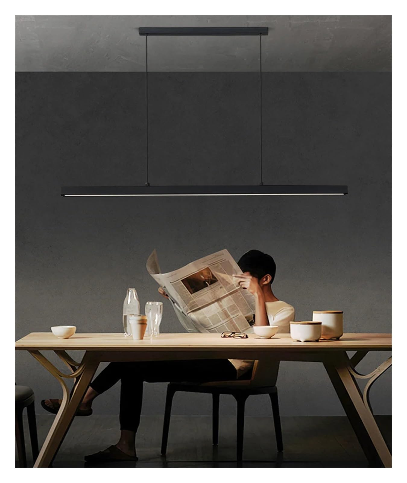 Minimalistyczna liniowa lampa wisząca LED do biura, baru, stołu, nordyckiego, drewnianego, idealna do restauracji (czarna, szer. 100 cm, możliwość ściemniania za pomocą pilota)