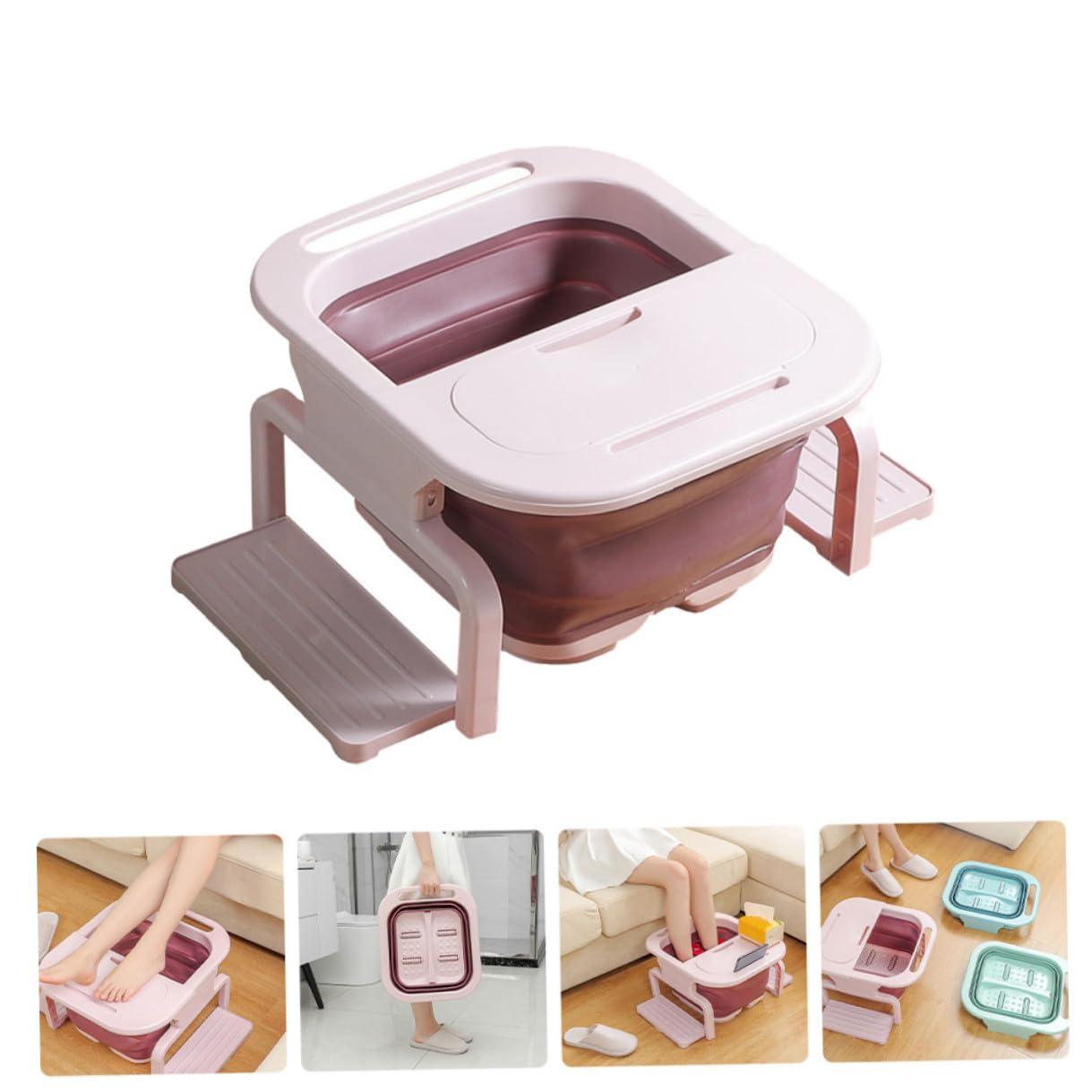 Lavabo Plegable para Remojo de Pies de Gran Tamaño de PP Rosa | Bañera Pies Rodillos de Masaje, Color de Rodillos Aleatorio, Fácil de Usar, para Viaje y Familia