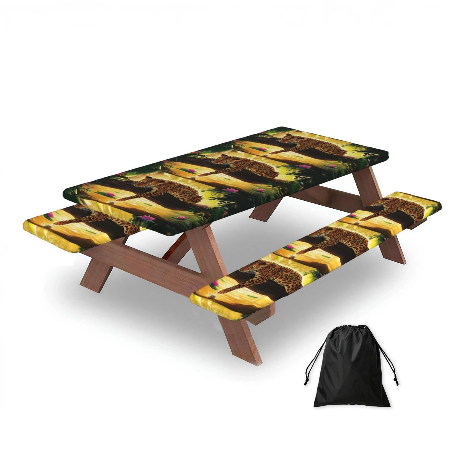 Dopklna As Picture Funny Leopard, Picnic Table Cover With Bench Covers -Waterproof Elastic Fitted Tablecloth For Garden Camping Patio 76X152cm