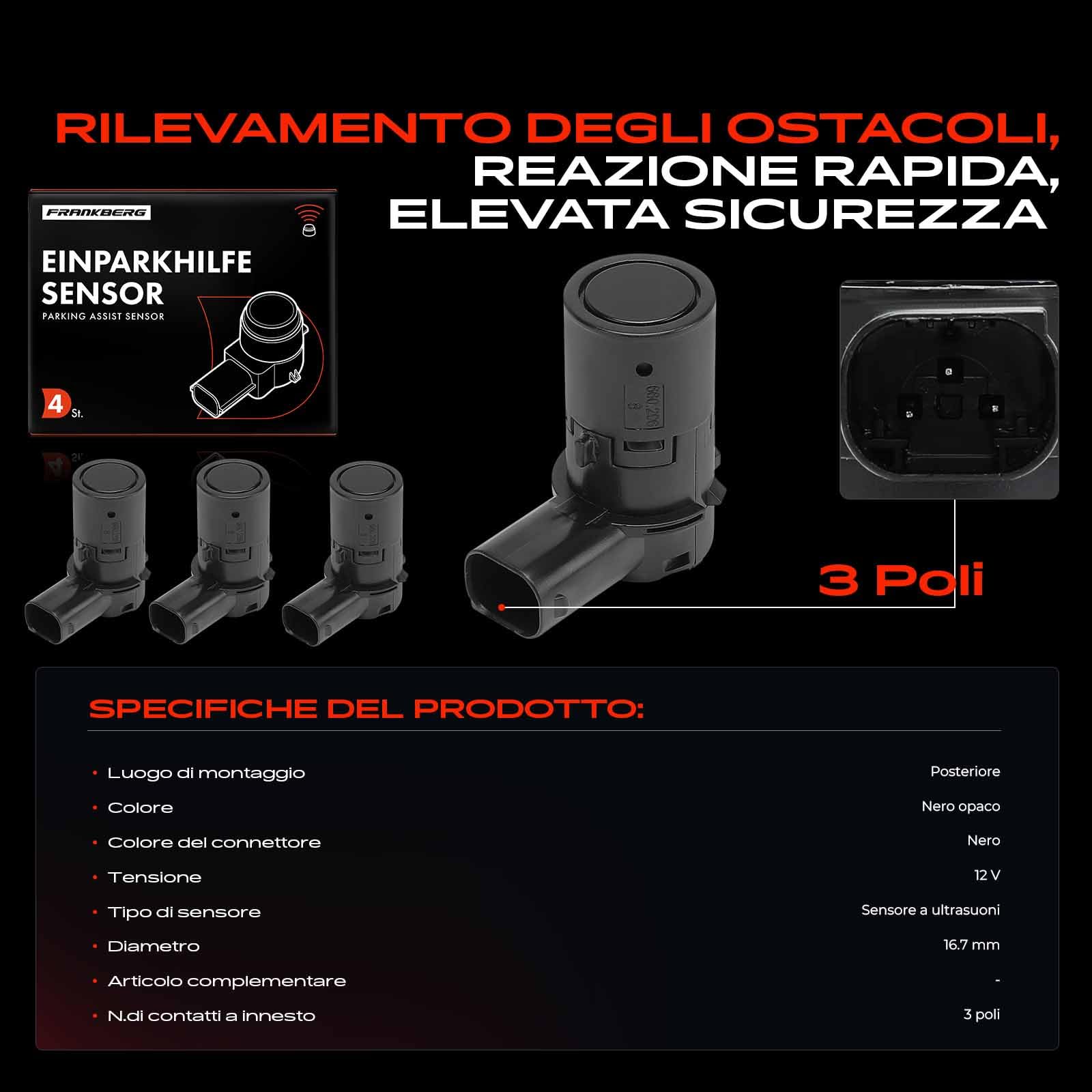 Frankberg 4x Sensore di Parcheggio PDC Posteriore Compatibile con 147 937 1.6L 2001-2010 156 932 1.6L 1997-2005 156 Sportwagon 932 1.6L 1997-2006 159 939 1.7L 2005-2012 Replace# 735393479