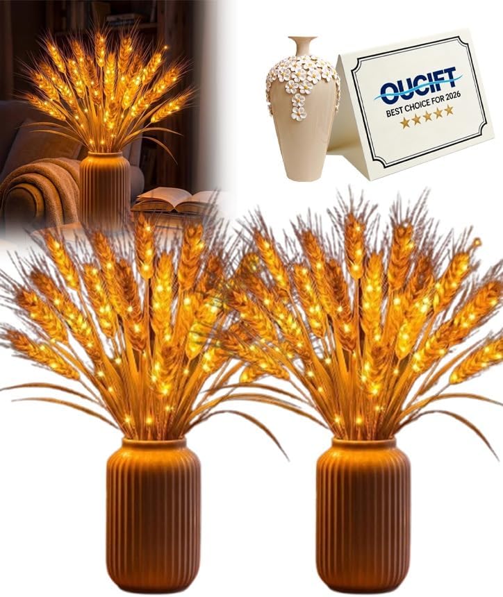 Golden Harvest Wheat Light Wheat Stalks Decor Table Lamp LED Rustic Farmhouse Accent Light Battery Operated Flower Lamps for Bedroom Living Room Dining Table Wedding Home Decor
