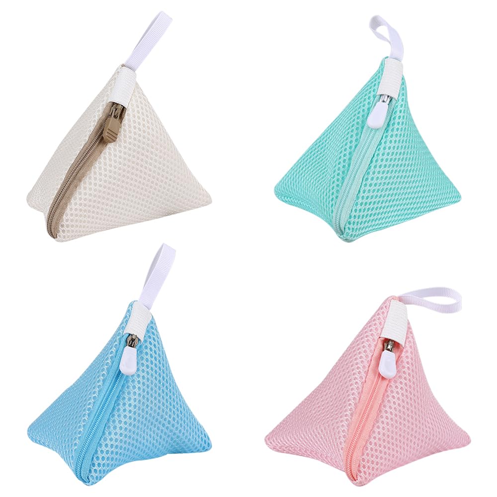 TRKETK 4 Pcs Mini Triangle Laundry Bag Small Triangle Net Bags for Washing Machine with Zips Mini Travel Wash Mesh Bags with Hanging Loop for Laundry Beads Underwear Bras Socks Delicates (4 Colors)
