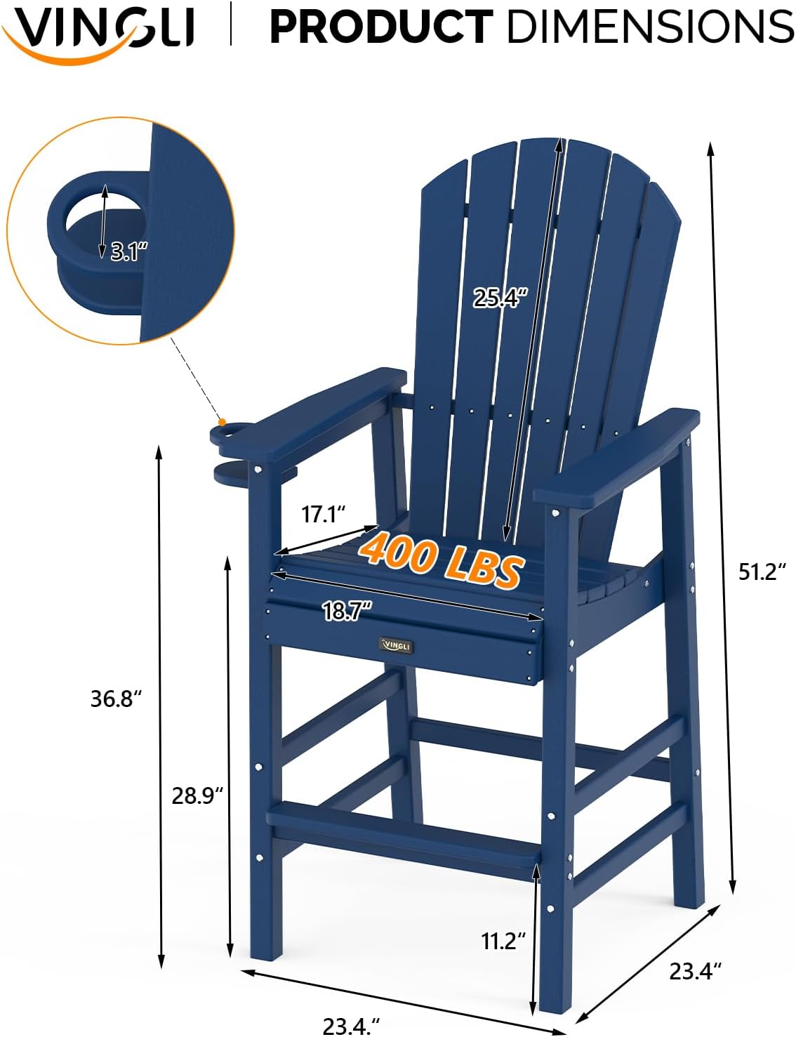 VINGLI Tall Adirondack Chairs Set of 2, All-Weather Plastic Adirondack Chair with Cup Holders, Heavy-Duty HDPE Outdoor Bar Stools for Patio, Balcony, Pool, Backyard (Navy Blue, 2 PCS)