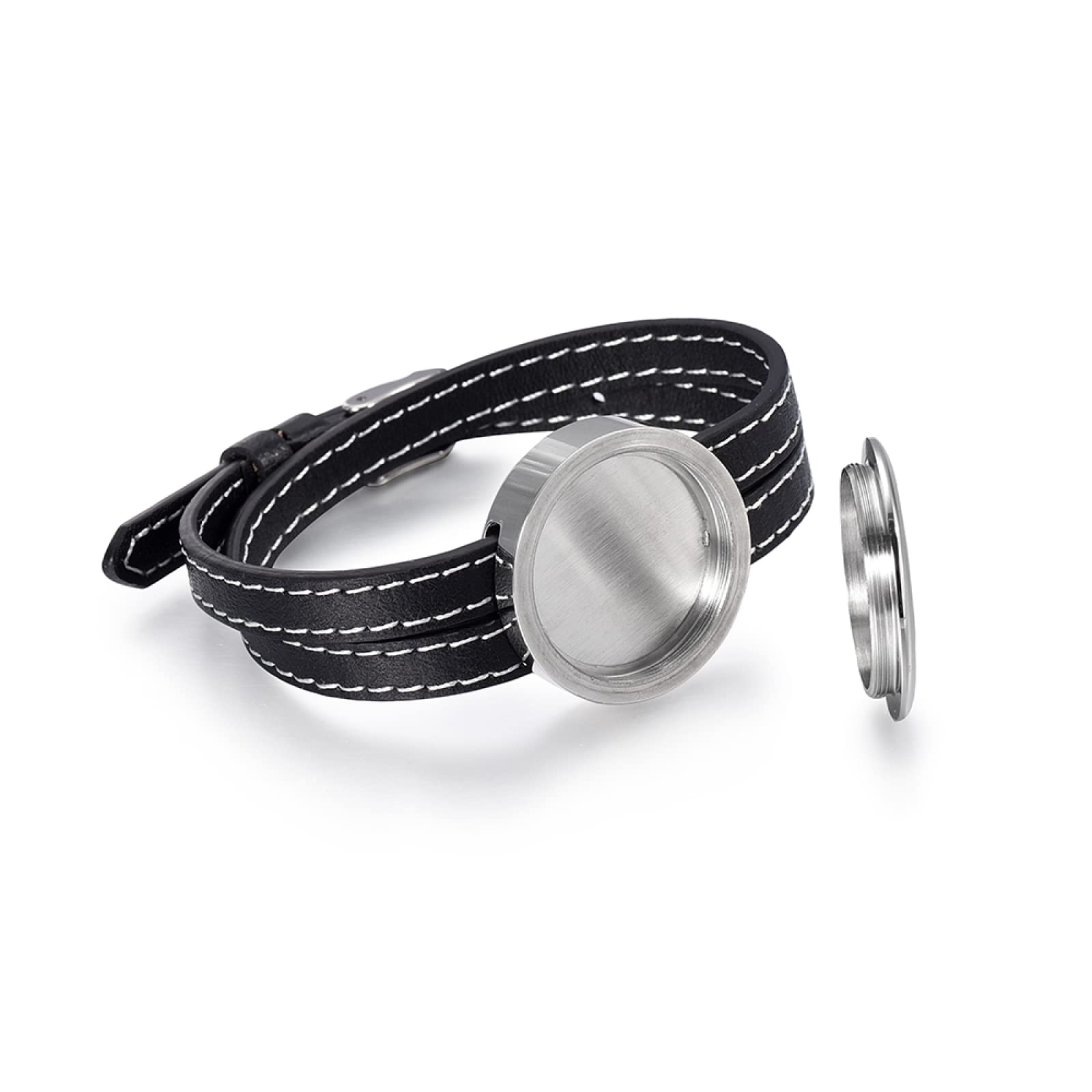 ISCBAFYX Pulsera de Cuero Genuino de Color Negro, Pulsera difusora de aceites Esenciales de Acero Inoxidable, Pulsera de aromaterapia, joyería