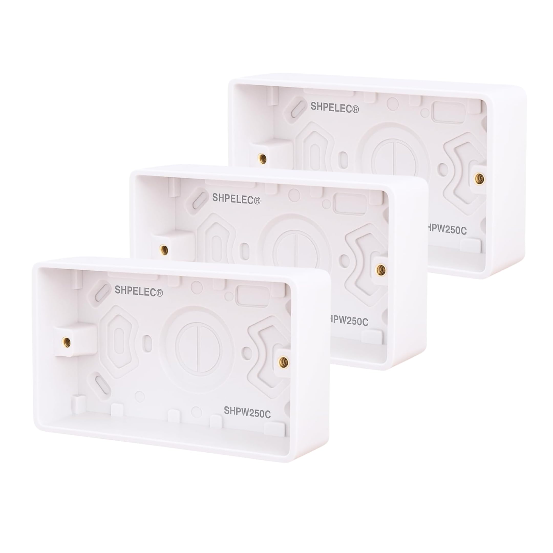 SHPELEC ® Premium Curved Edge White Electrical Sockets Range - Convenient and Versatile Power Solution (2 Gang Pattress Box, 3 Pack)
