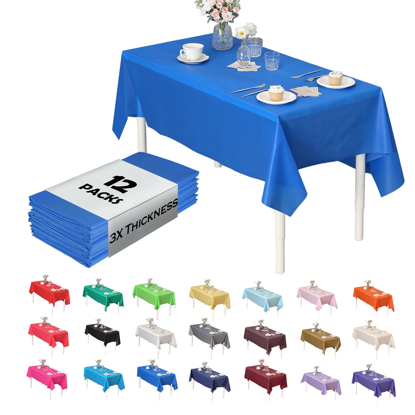 (12-Pack) Heavy Duty Plastic Table Covers Tablecloth (Reusable) (Rectangle 54" X 108", Royal Blue)