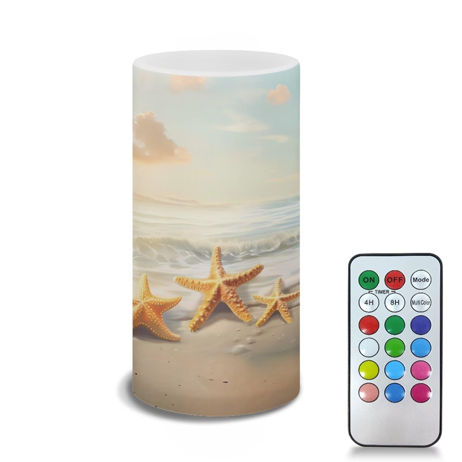 Poceacles Beach Starfish Gold Flameless LED Candle Auto-Moving Wick Effect Votive Tealights Realistic Pillar Candle with Remote 4H 8H Timer Color Changing for Home Indoor Coastal Decoration