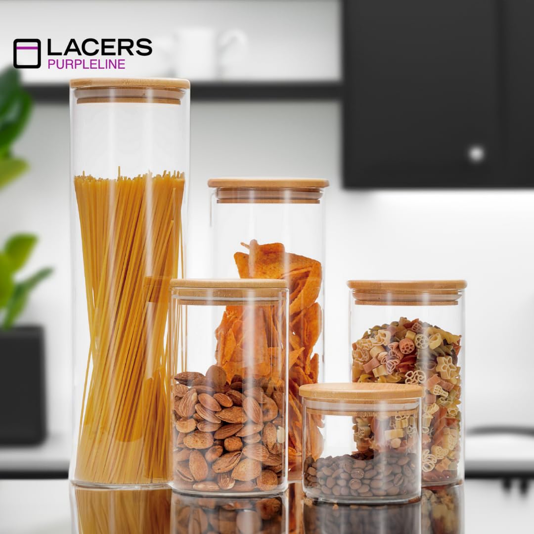 Lacers PurpleLine – Contenedores de almacenamiento de 10 piezas, cristal, juego de 5 recipientes + 5 tapas, tapa de bambú, 450 ml, 2 x 1000 ml, 1500 ml, 2000 ml, recipiente hermético