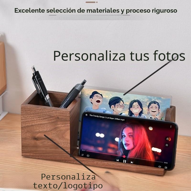 Portalápices de madera personalizado para escritorio con soporte para teléfono celular, grabado personalizado de texto/fotos, organizador de escritorio de madera maciza, regalos para compañeros de