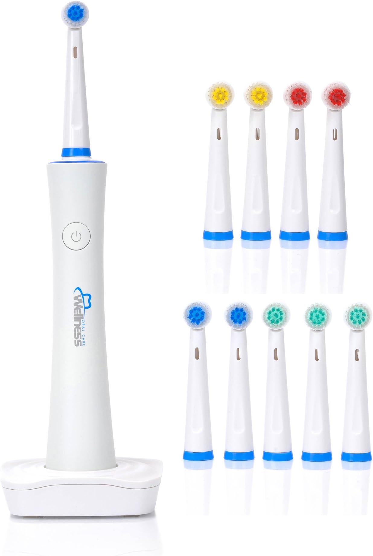Wellness Oral Care Advanced High Powered Rotary Oscillating Rechargeable Electric Toothbrush with Charging Base and 10 Brush Heads