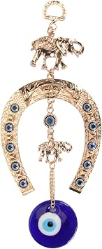 Horse Shoe Evil Eye Wall Hanging Ornament Horse Shoe Wall Decor with Elephant Good Luck Charm Gift Home Protection Wall Turkish Greek Eye