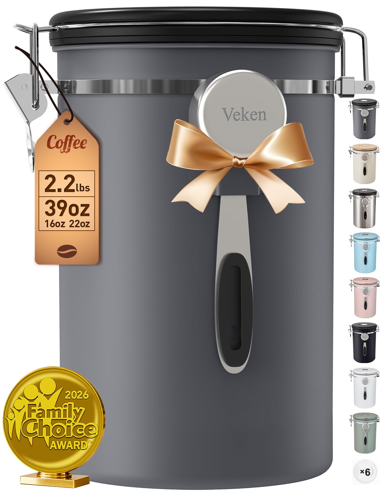 veken coffee canister, 39oz large, airtight stainless steel food storage container for 2.2lbs coffee beans,ground, sugar,espresso,rice,tea,flour, cereal,home kitchen pantry bar accessories, gifts,gray