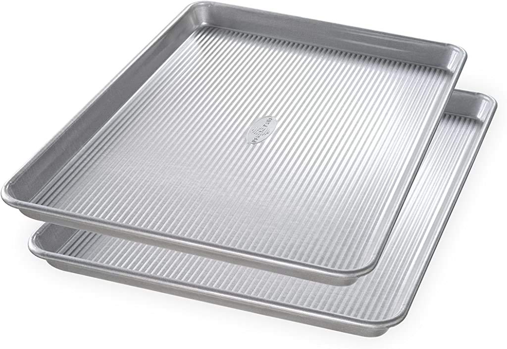 USA Pan 1607CR Bakeware Extra Large Sheet Baking Pan and Bakeable Nonstick Cooling Rack Set, XL, Metal & Bakeware Half Sheet Pan, Set of 2, Aluminized Steel