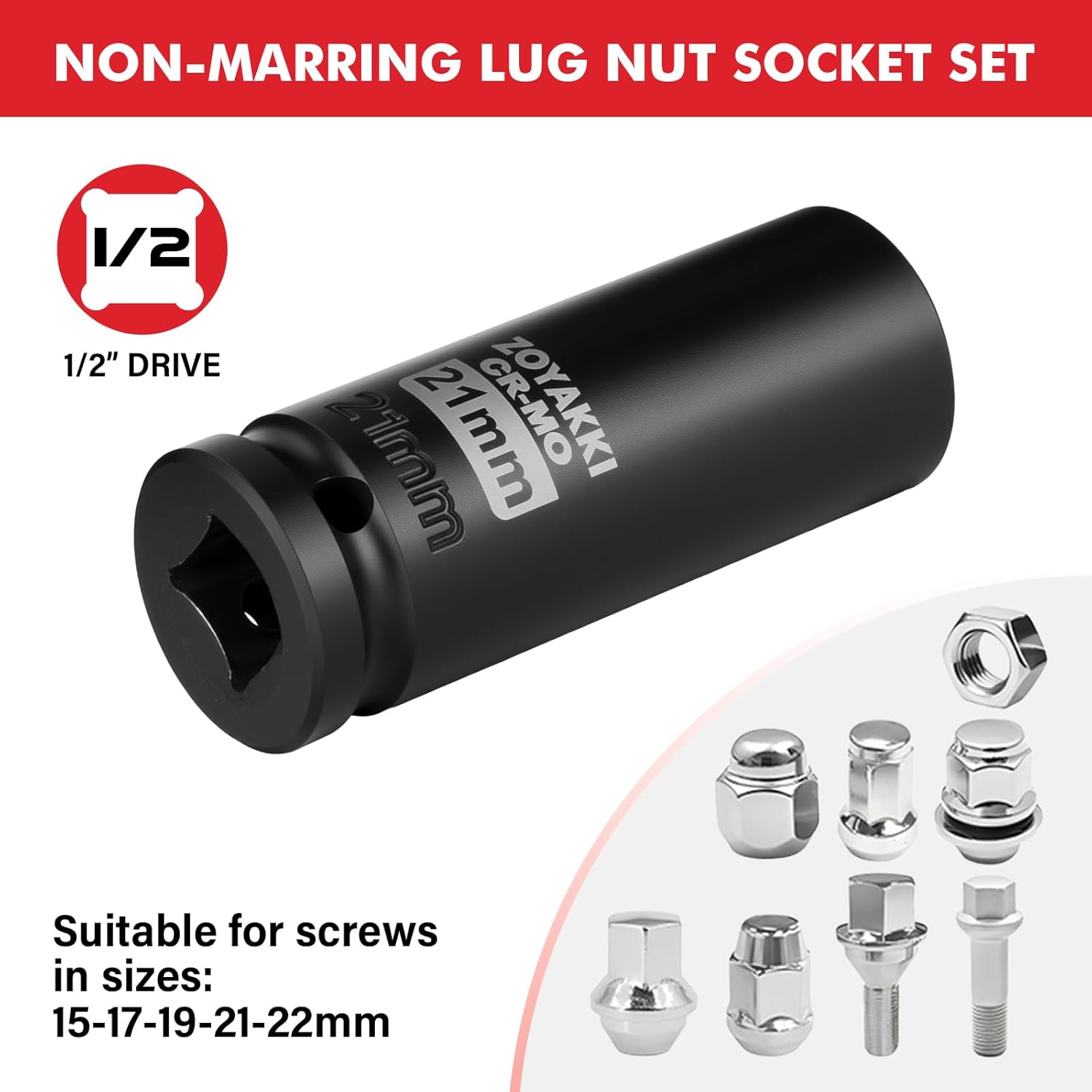 5-Piece 1/2 Inch Drive Impact Socket Set,CR-MO Steel 6-Point Deep Socket,Metric 15-17-19-21-22mm Hexagon Deep Socket Set with Storage Box for Repair Mechanic Garage