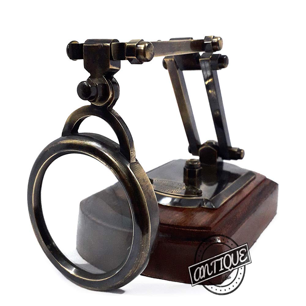 Desktop Magnifying Glass w/Wooden Stand Moveable Lens Vintage Brass Tabletop Accessory Gifts)