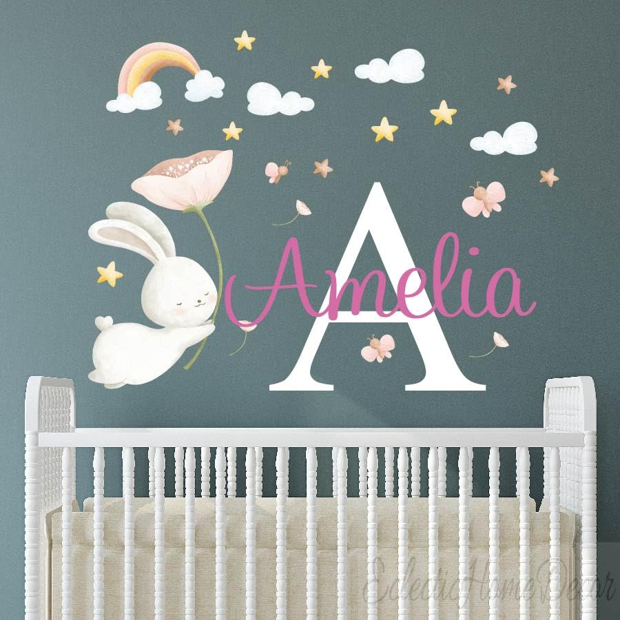Personalized Girl's Name with Cute Cartoon Bunny Wall Sticker,Rabbit Kiss Butterfly Wall Decals, Bunny Wall Decor for Kids Nursery