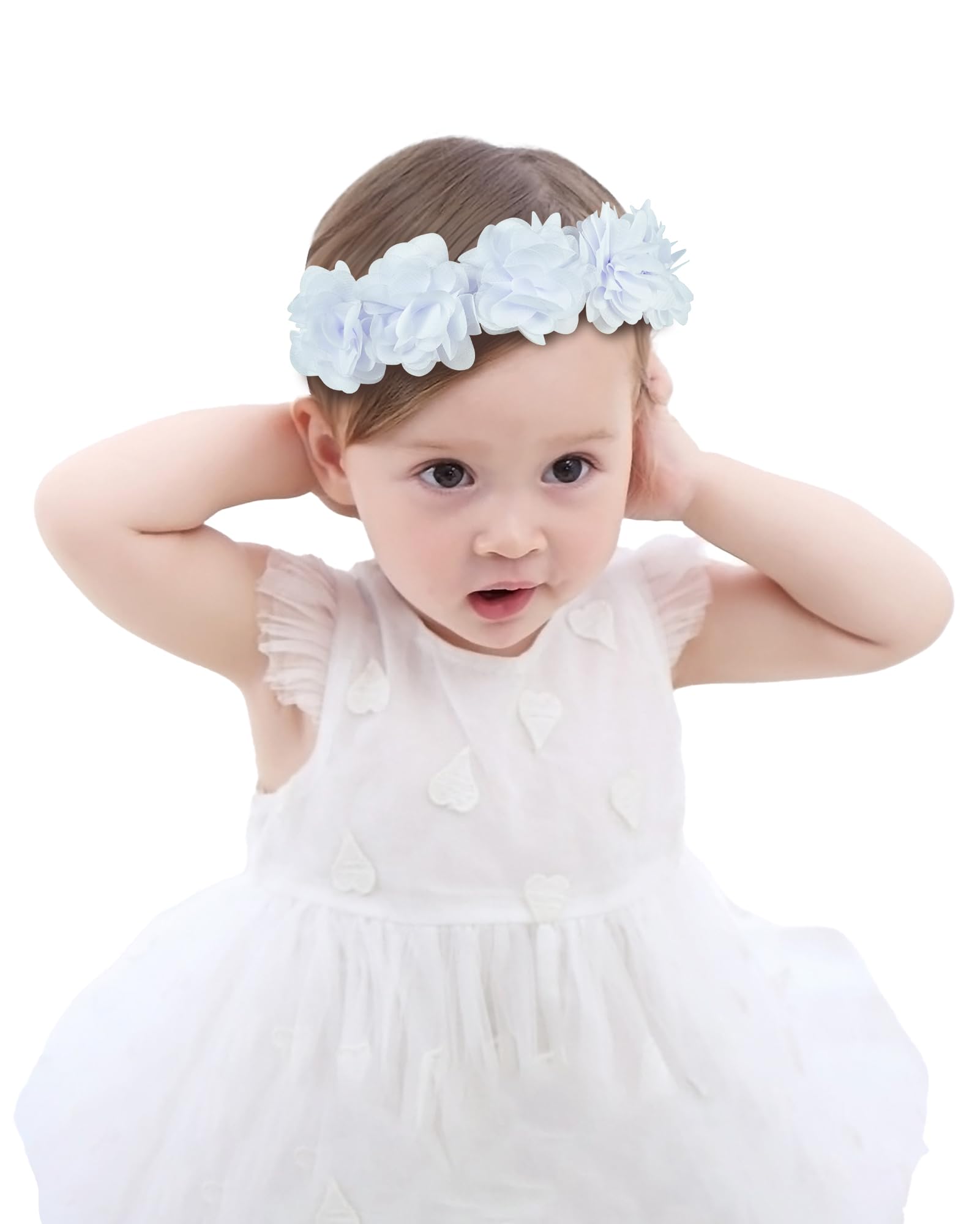 Fmeida - Diademas ajustables para bebés y niñas (4-24 meses), corona de flores de gasa suave, color blanco, se adapta a cabezas de 14, 96, 18 y 89 pulgadas.